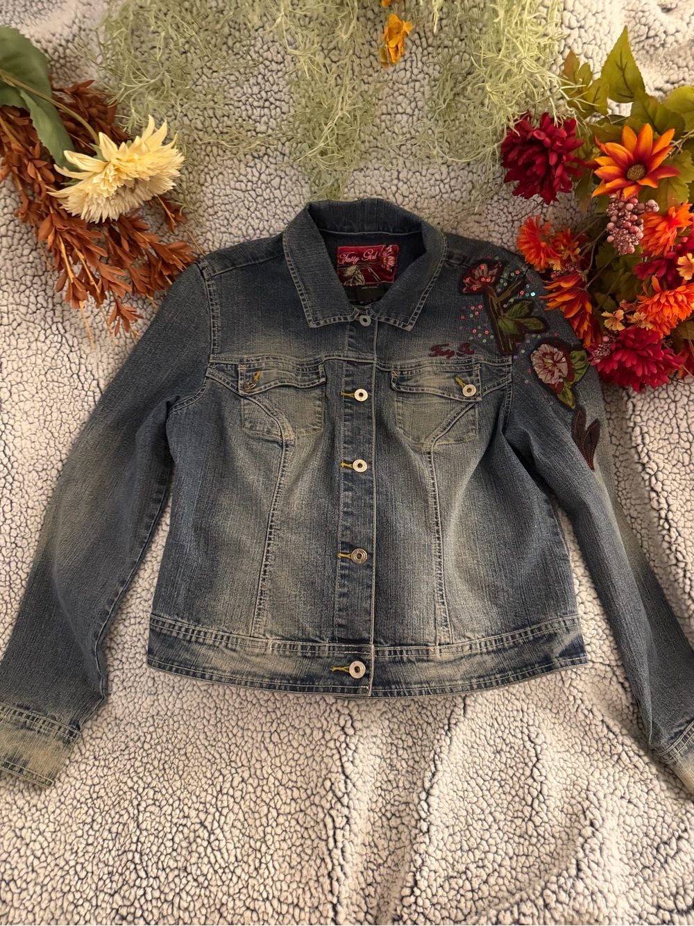 FUBU Distressed Blue Denim Jacket with Floral Embroidery